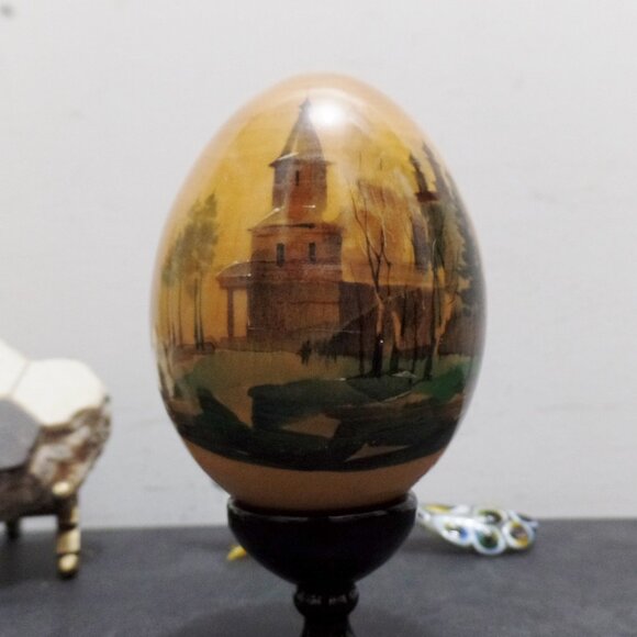 Vintage Russian Hand Painted Wooden Egg w/ Stand - Picture 10 of 13